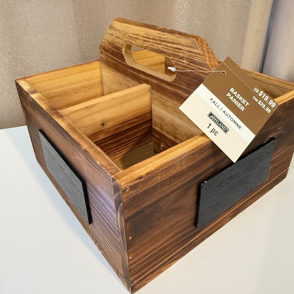 Ashland Wood Basket Caddy 4 Compartment Chalkboard Labels Rustic Brown Storage